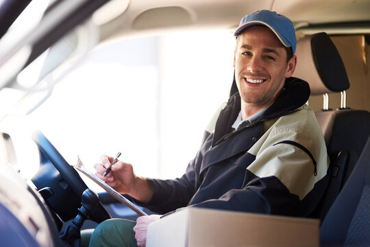Delivery man, package and portrait in transport for courier, distribution and order with e commerce checklist. Happy driver or worker with clipboard, boxes and truck or van for logistics service