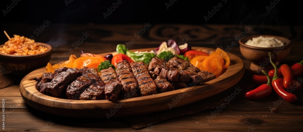Poster an appetizing arabic meal with meat served on a wooden plate captured in a copy space image