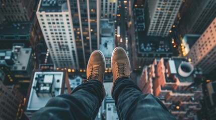 This is a high-angle perspective photograph taken from the viewpoint of an individual looking down at their feet, dangling over the edge of a tall building. The person is wearing brown lace-up boots a - Powered by Adobe