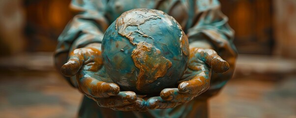 Glossy ceramic hands holding the Earth, emphasizing art and culture