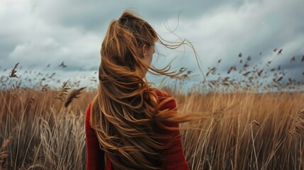 A person with long hair is standing in a field of tall, golden grasses. Their hair is caught by the wind, creating a dynamic motion around their head and shoulders. They are wearing a red sweater. The