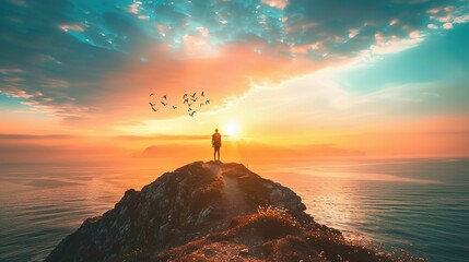 A person stands alone on the edge of a cliff overlooking a vast sea as the sun sets on the horizon. The sky is awash with warm hues of orange, yellow, and blue, and a few wispy clouds are visible. The - Powered by Adobe