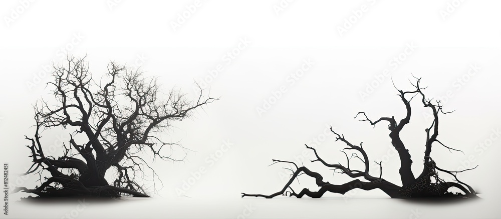 Poster An eerie silhouette of a dead tree stands alone on a white background creating a haunting and ominous image The copy space adds to the macabre ambiance