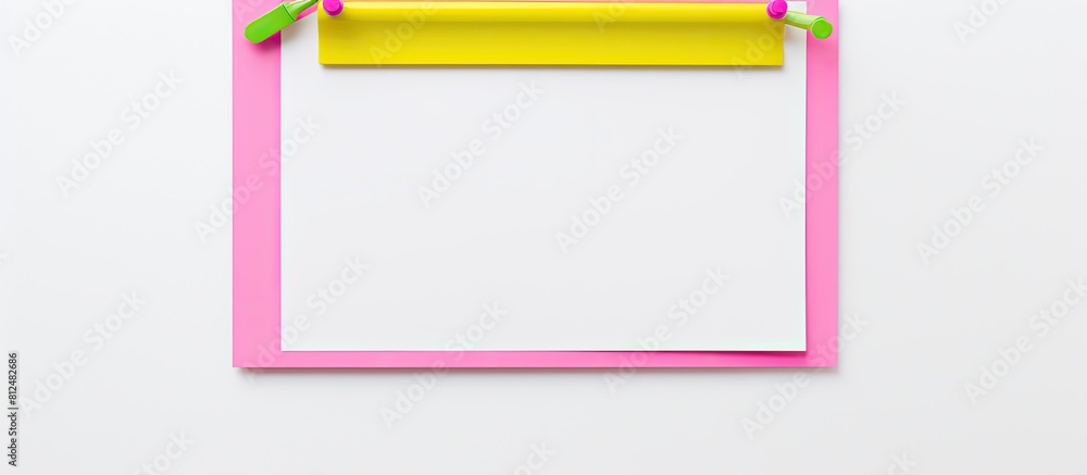 Poster an isolated white background features a pink green and yellow text note securely fastened with clamp