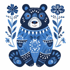 
vector illustration of a scandinavian style cute bear head, using a blue color palette with a white background, composed of simple shapes, including folk art motifs
