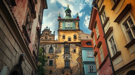Fototapeta premium The image showcases a stunning view of a European city's architecture, capturing an old clock tower with a weather vane adorned by gilded motifs. The structure's facade is a blend of exposed stone and