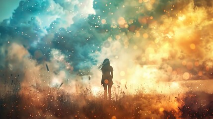The image features a silhouette of a female figure standing in a field of tall grasses looking towards a vivid, dreamy landscape. The sky is a dynamic blend of clouds and colors, ranging from blue to 