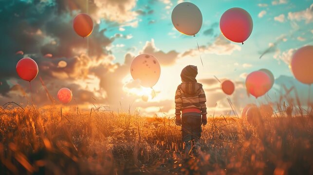 A child stands in a field at sunset, facing away from the camera, and looks up at a sky dotted with colorful balloons. The sunlight bathes the scene in a warm orange glow, casting long shadows on the 