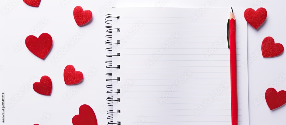 Poster An isolated copy space image of a notebook adorned with red pen and heart designs on a white background