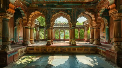 The image showcases an ornately decorated but somewhat dilapidated arcade within a historic building, likely of Indian architectural style. The structure features a row of pillars supporting arches, w