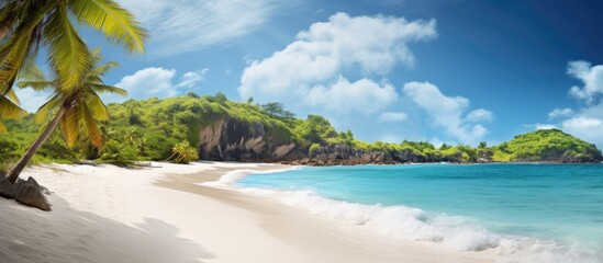 An idyllic sandy beach paradise with a blue lagoon transparent water fresh green trees and no people The sunny weather and scattered clouds make Anse Lazio the perfect copy space image