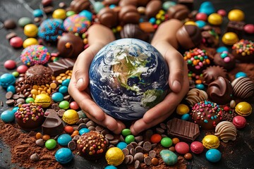 Hands formed of chocolate and sweets holding the Earth, illustrating indulgence and resources