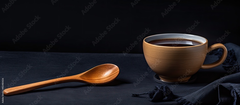 Poster An image of a wooden spoon with a cup of tea placed on a dark tablecloth providing ample space for text or other elements