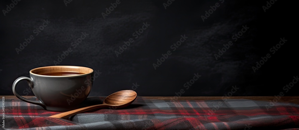 Aufkleber an image of a wooden spoon with a cup of tea placed on a dark tablecloth providing ample space for t