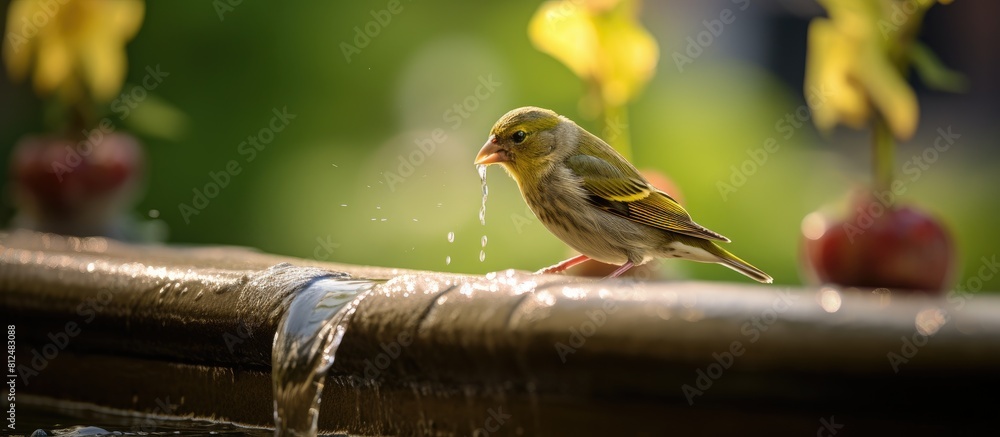 Poster An image featuring a European Greenfinch drinking from a fountain with ample empty space surrounding it for additional content or design elements