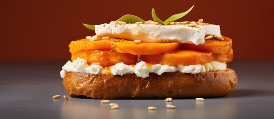 An image of an open sandwich with a pumpkin and cream cheese filling on an English muffin with ample copy space