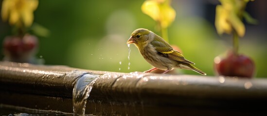 An image featuring a European Greenfinch drinking from a fountain with ample empty space surrounding it for additional content or design elements