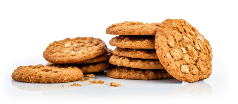 An image of oatmeal cookies made with rolled oat cereal showcased on a white background with ample space for other elements