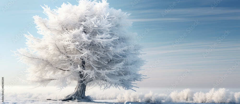 Poster an image of a frozen evergreen tree covered in ice suitable for use as a copy space image