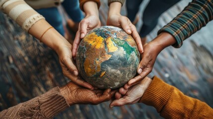 Hands from different cultures and ethnicities jointly holding the Earth, promoting diversity and unity