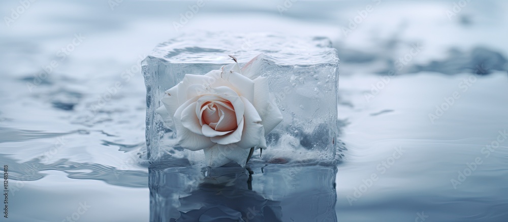 Aufkleber An off white flower is captured in a block of ice creating a macro close up copy space image