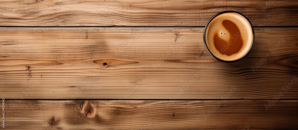 Poster An espresso shot with a layer of coffee crema is shown from a bird s eye view set against a wooden table backdrop that offers ample blank space for additional content