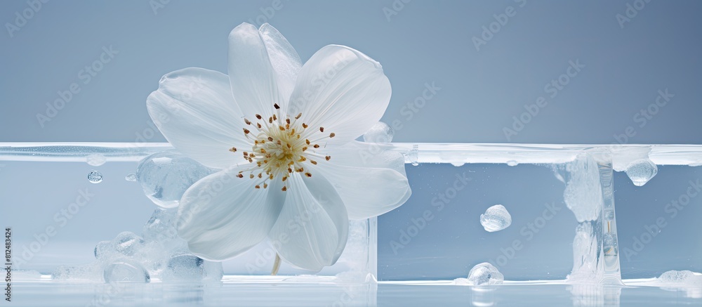 Aufkleber An off white flower is captured in a block of ice creating a macro close up copy space image