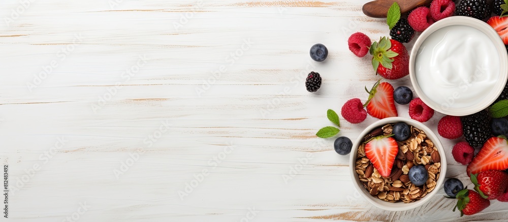 Poster An overhead shot of a healthy breakfast consisting of homemade granola topped with yogurt and fresh berries presented in a flat lay style with plenty of negative space for text or other elements