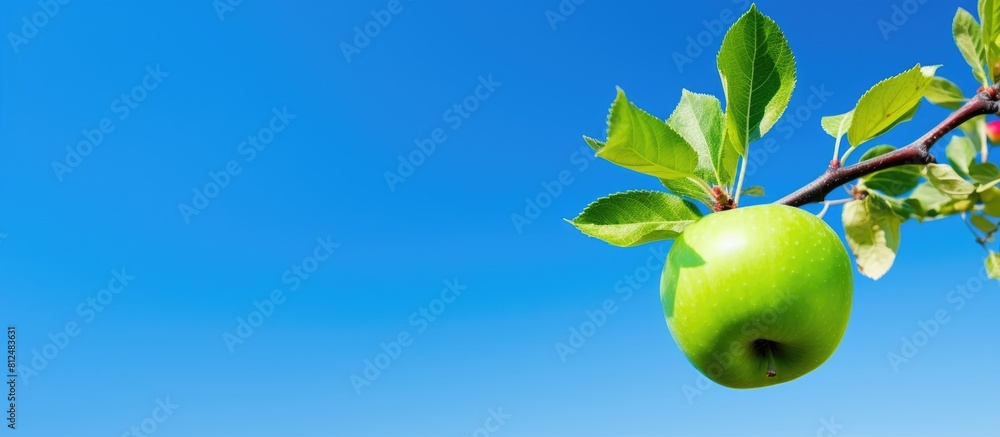 Poster a green apple on a branch of an apple tree set against a vibrant blue sky background with ample spac