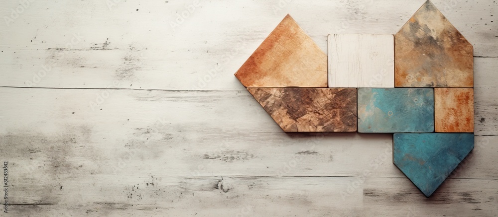 Poster An arrow shaped tangram puzzle is displayed on a textured vintage white wooden backdrop creating an artistic and nostalgic atmosphere in the copy space image