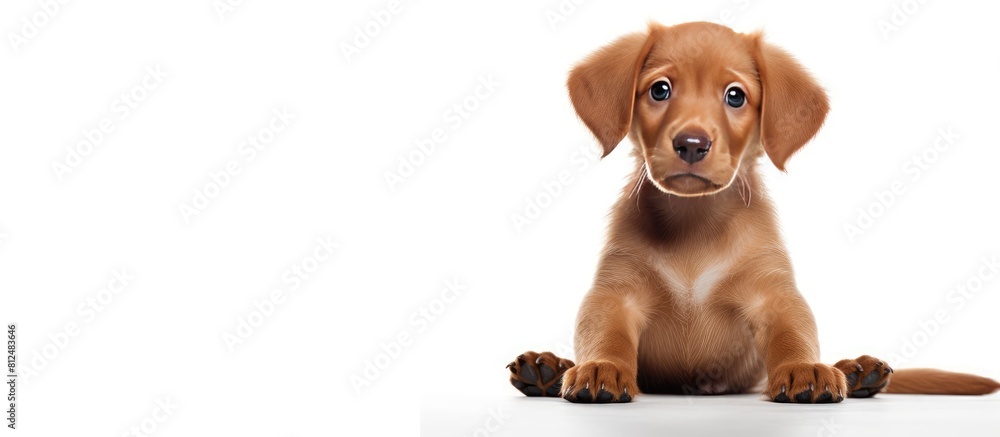 Poster an adorable red dog sits on a white background in a copy space image
