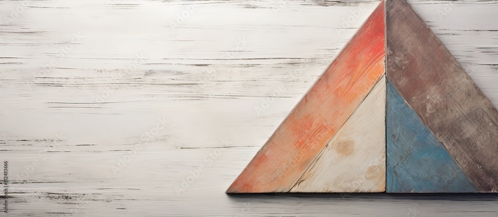 Poster An arrow shaped tangram puzzle is displayed on a textured vintage white wooden backdrop creating an artistic and nostalgic atmosphere in the copy space image
