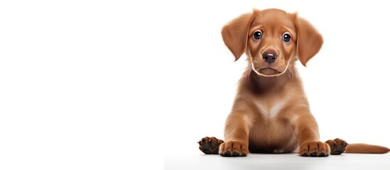 An adorable red dog sits on a white background in a copy space image