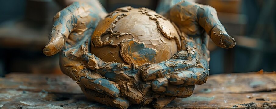 Hands made of clay molding the Earth, discussing creation, innovation, and adaptation