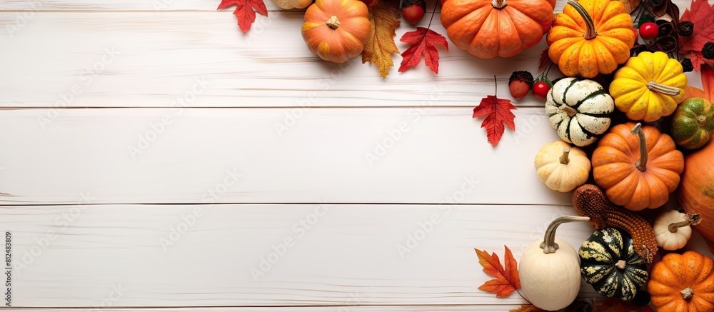 Poster an autumn themed mockup frame with pumpkins and festive decorations for thanksgiving day displayed o