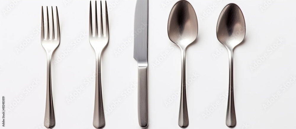 Poster A silver fork spoon and knife are seen on a white background arranged in a flat lay with a top down view There is empty space available for adding text or other images. Creative banner