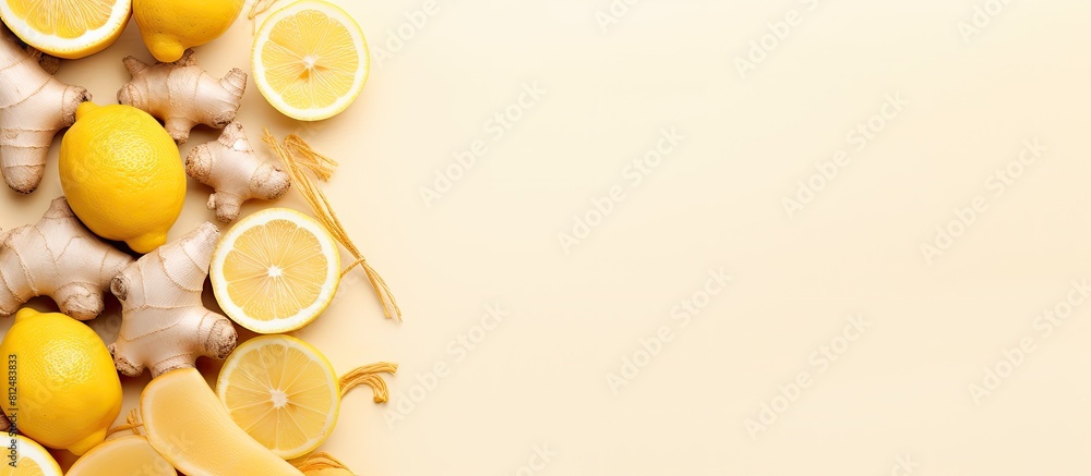 Poster beige background with fresh lemons and ginger arranged in a flat lay style providing copy space for 