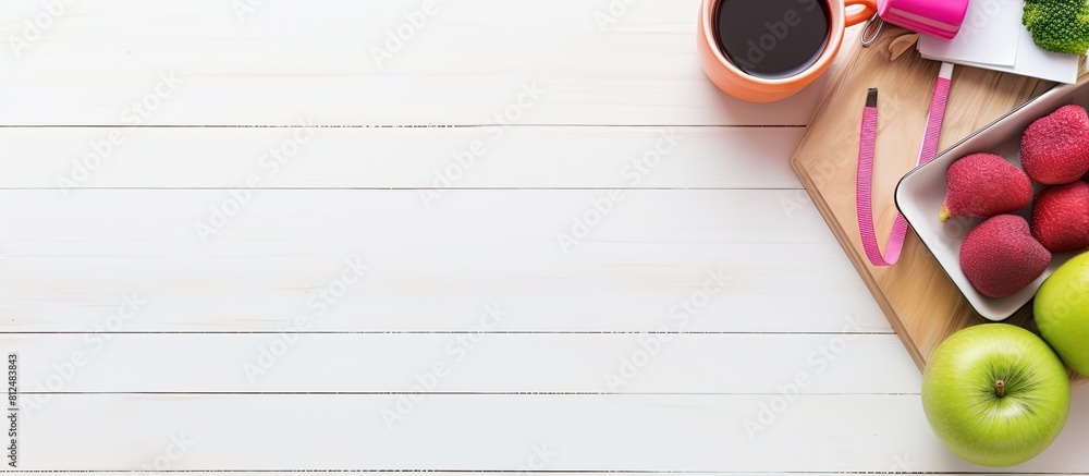 Poster a top view of a dieting and fitness concept on a white wooden desk with a blank notepad pink dumbbel