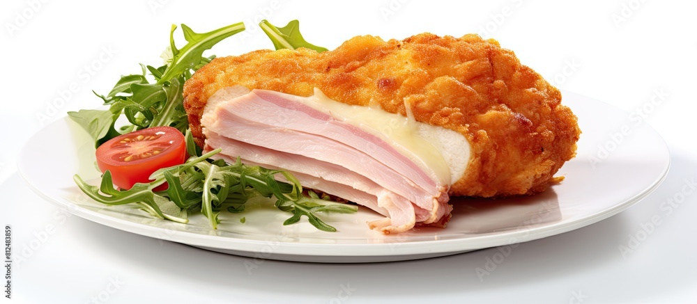 Aufkleber A Schnitzel Cordon bleu fillet cutlet with ham and cheese can be observed in an isolated setting against a white background We have a copy space image where the dish is showcased on its own enabling