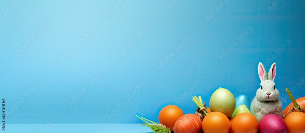 Poster Colorful Easter eggs Easter bunnies and carrots arranged on a blue background in a composition with copy space image