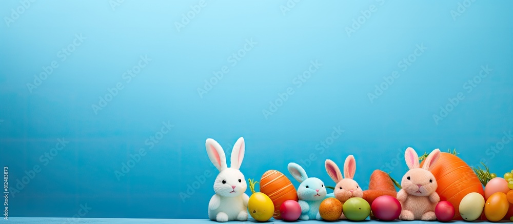 Poster Colorful Easter eggs Easter bunnies and carrots arranged on a blue background in a composition with copy space image