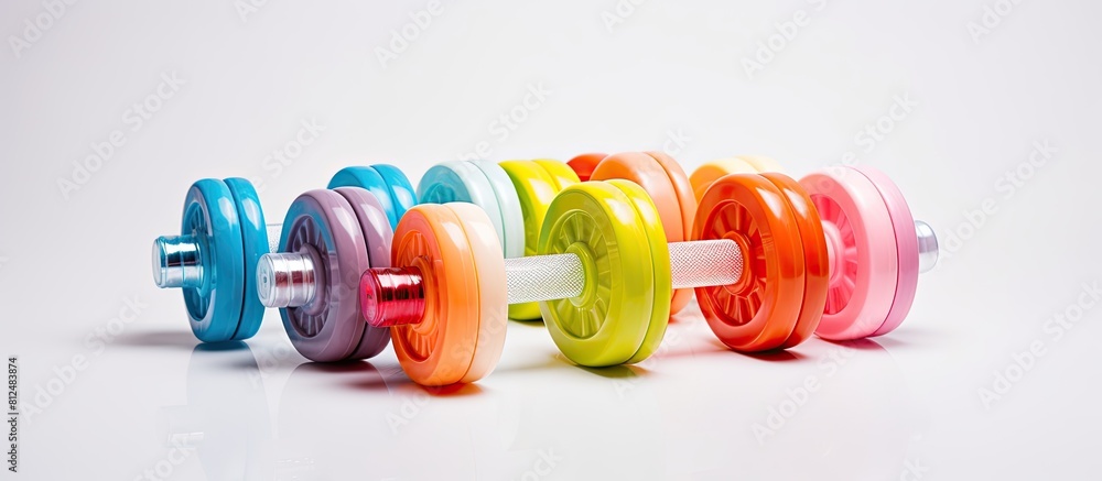 Poster fitness and health concept with dumbbells shown in a copy space image against a white background
