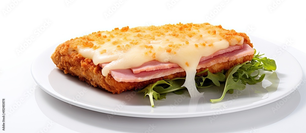 Poster A Schnitzel Cordon bleu fillet cutlet with ham and cheese can be observed in an isolated setting against a white background We have a copy space image where the dish is showcased on its own enabling