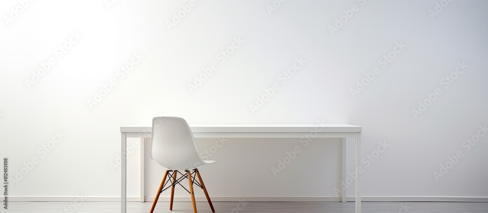 Poster A white table with a chair and a laptop creating a minimalist setting with copy space image