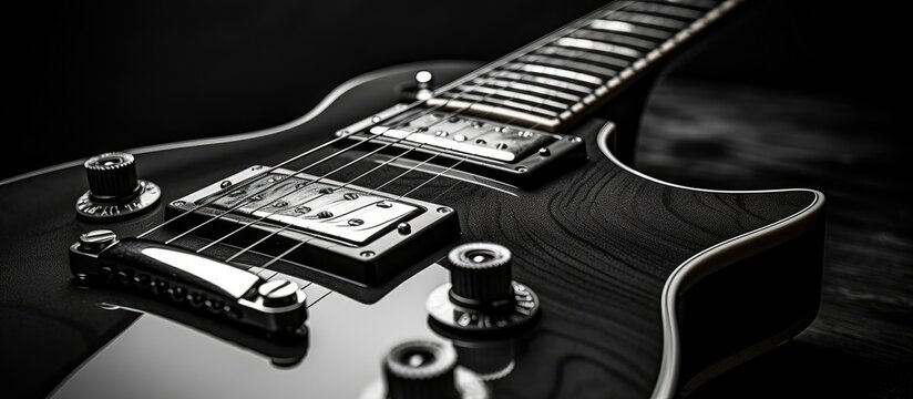 A black and white closeup image of a vintage electric guitar with plenty of copy space
