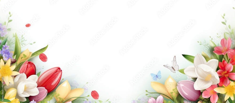 Poster a festive banner for spring and easter holidays an inviting frame filled with flowers eggs and ample