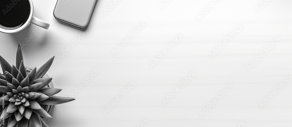 Fototapete a black and white office desk table is displayed from a top view featuring a blank notebook smartpho