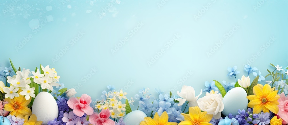 Poster a festive banner for spring and easter holidays an inviting frame filled with flowers eggs and ample