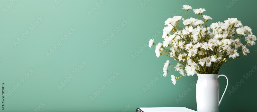 Aufkleber A blank notebook with a white pencil and white flowers is seen from above placed on a green table There is empty space available for text or images. Creative banner. Copyspace image