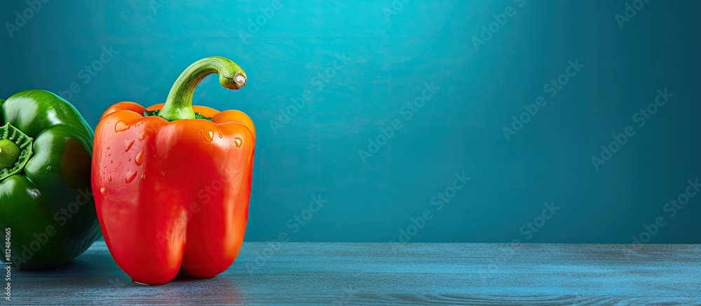 Poster a colorful sweet pepper and paprika lie on a vibrant green table with a blue background providing a 
